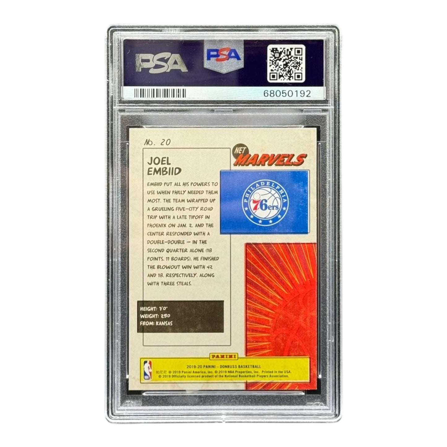 NBA card: 2019 Panini Donruss: Joel Embiid - PSA 10 - back