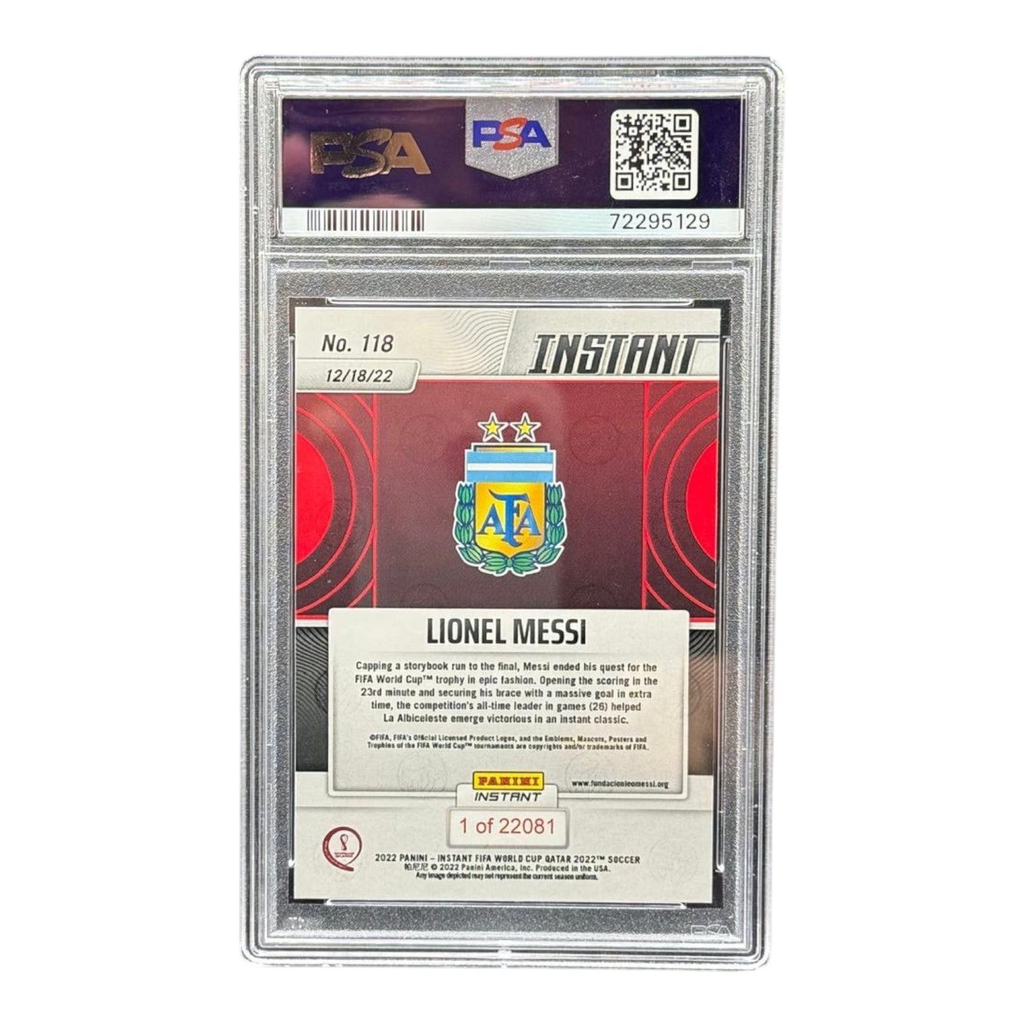 Soccer card: Lionel Messi - Panini Instant 2022 - PSA 10 - back