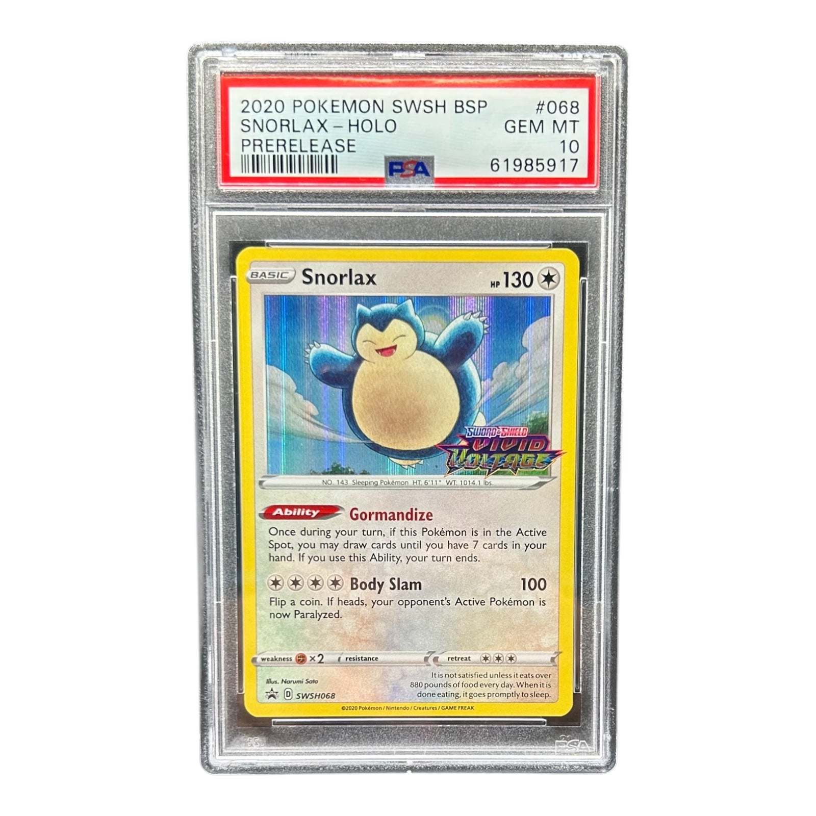 Pokemon card: Snorlax SWSH068 Holo (Pre-Release Vivid Voltage 2020) - PSA 10